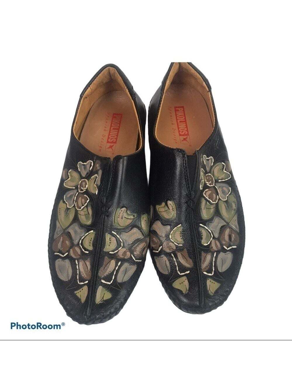 Pikolinos Driving Shoes Womens Size 6.5 Black Flat Floral Embroidered Bohemian